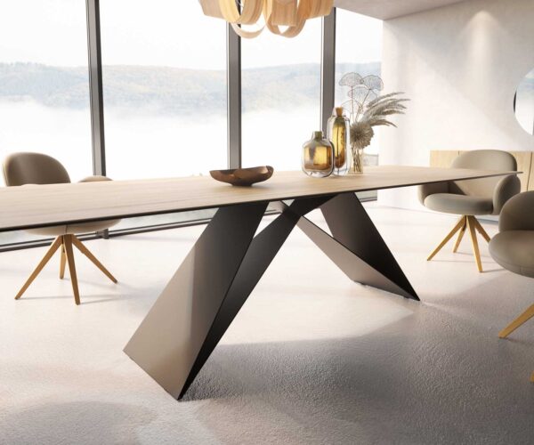 Étkezőasztal Edge 300x100 kerámia Laminam® Sabbia tölgyszínű V alakú láb laposacél fekete - Image 5