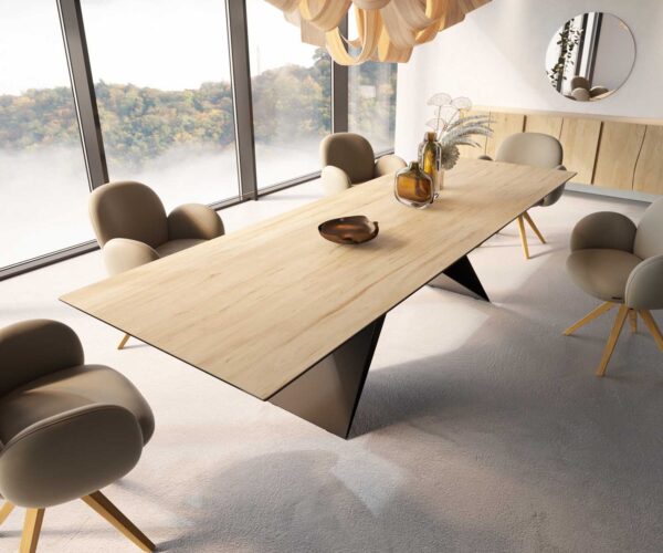 Étkezőasztal Edge 300x100 kerámia Laminam® Sabbia tölgyszínű V alakú láb laposacél fekete - Image 4