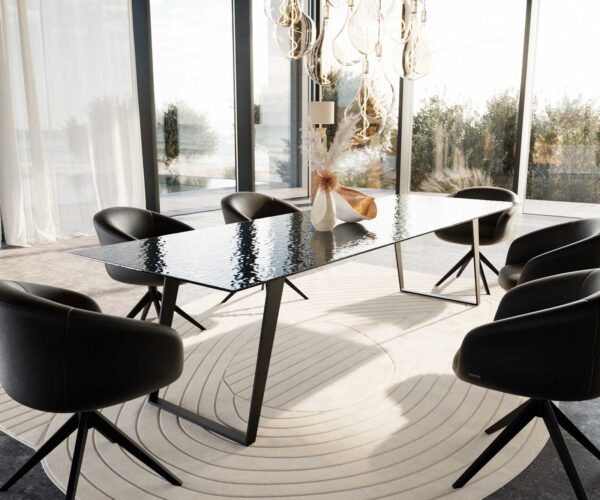 Étkezőasztal Edge 300x100 domborított üveg füstfekete 3D design fém ferde fekete - Image 9