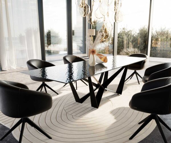 Étkezőasztal Edge 300x100 domborított üveg füstfekete 3D design Spider laposacél fekete - Image 9