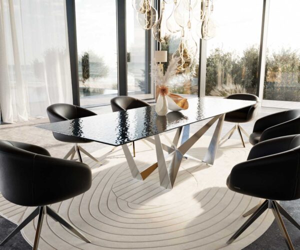 Étkezőasztal Edge 300x100 domborított üveg füstfekete 3D design Spider laposacél rozsdamentes acél - Image 9