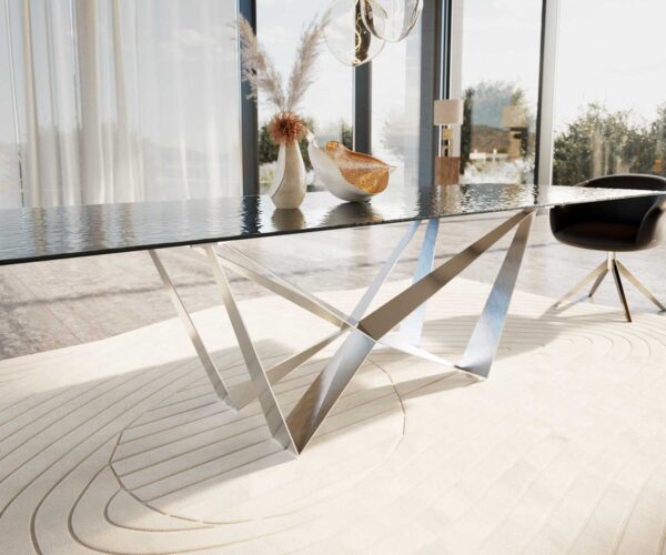 Étkezőasztal Edge 300x100 domborított üveg füstfekete 3D design Spider laposacél rozsdamentes acél - Image 6