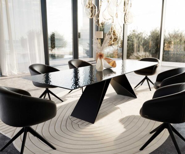 Étkezőasztal Edge 300x100 domborított üveg füstfekete 3D design V alakú láb laposacél fekete - Image 9