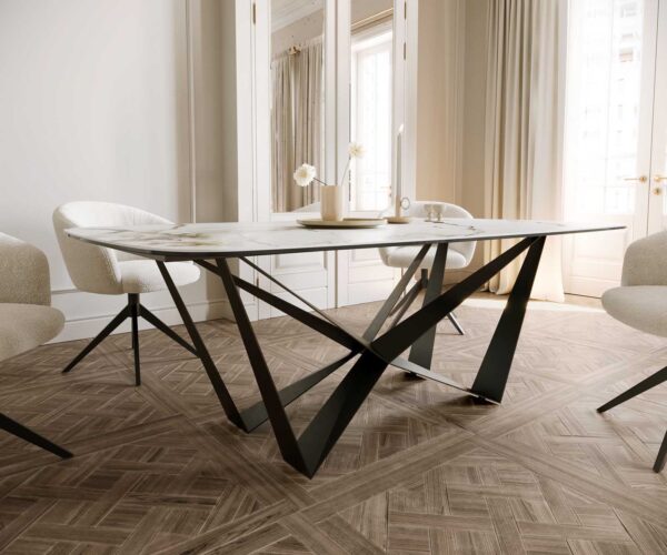 Étkezőasztal Edge hajóformájú 200x100 cm kerámia Calacatta Luxe fehér arany szürke Spider laposacél fekete - Image 6
