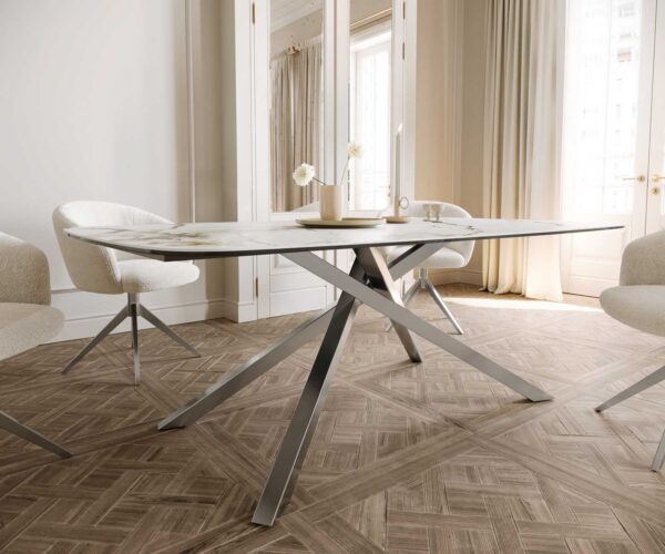 Étkezőasztal Edge hajóformájú 200x100 cm Calacatta Luxe kerámia fehér arany szürke kereszt láb rozsdamentes acél - Image 6