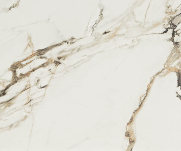 Étkezőasztal Edge hajóformájú 200x100 cm Calacatta Luxe kerámia fehér arany szürke kereszt láb rozsdamentes acél - Image 3
