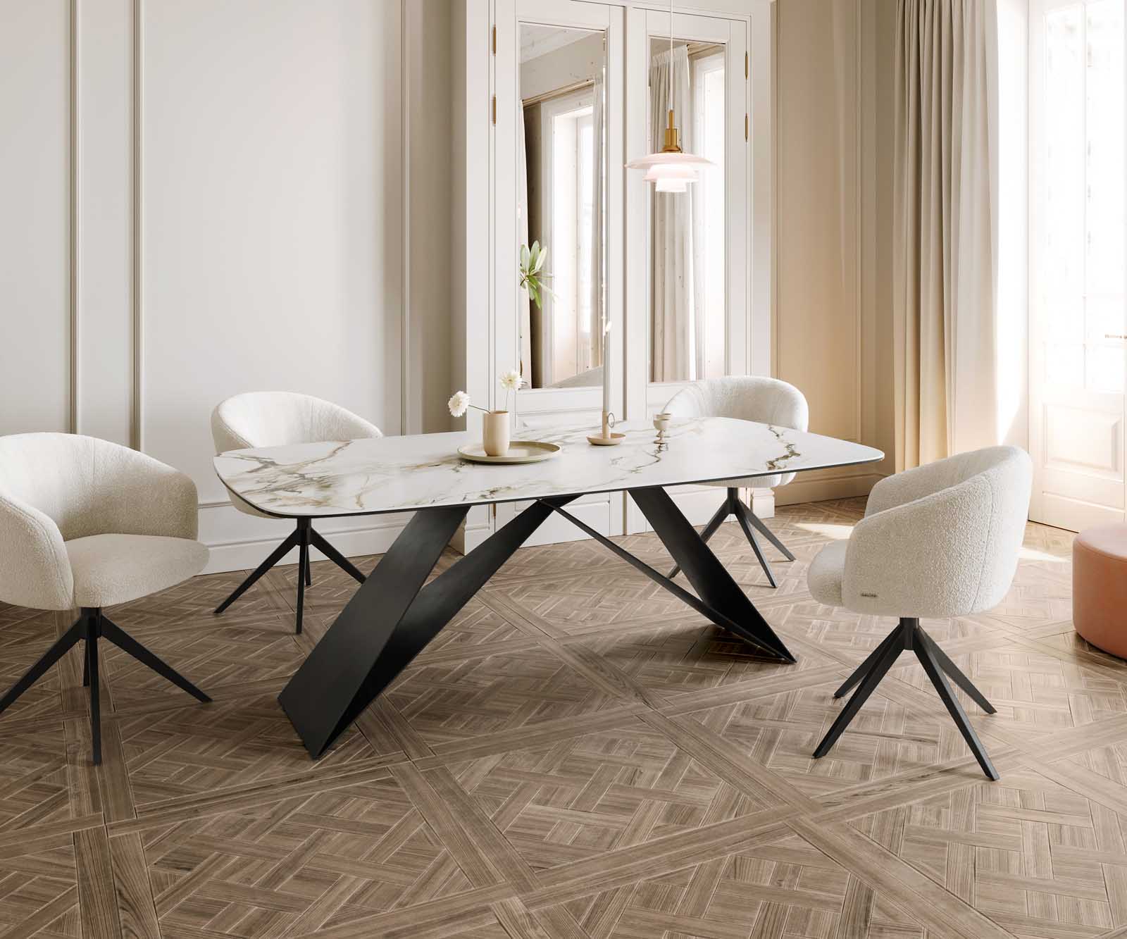 Étkezőasztal Edge hajóformájú 200x100 cm kerámia Calacatta Luxe fehér arany szürke V alakú láb laposacél fekete - Image 7