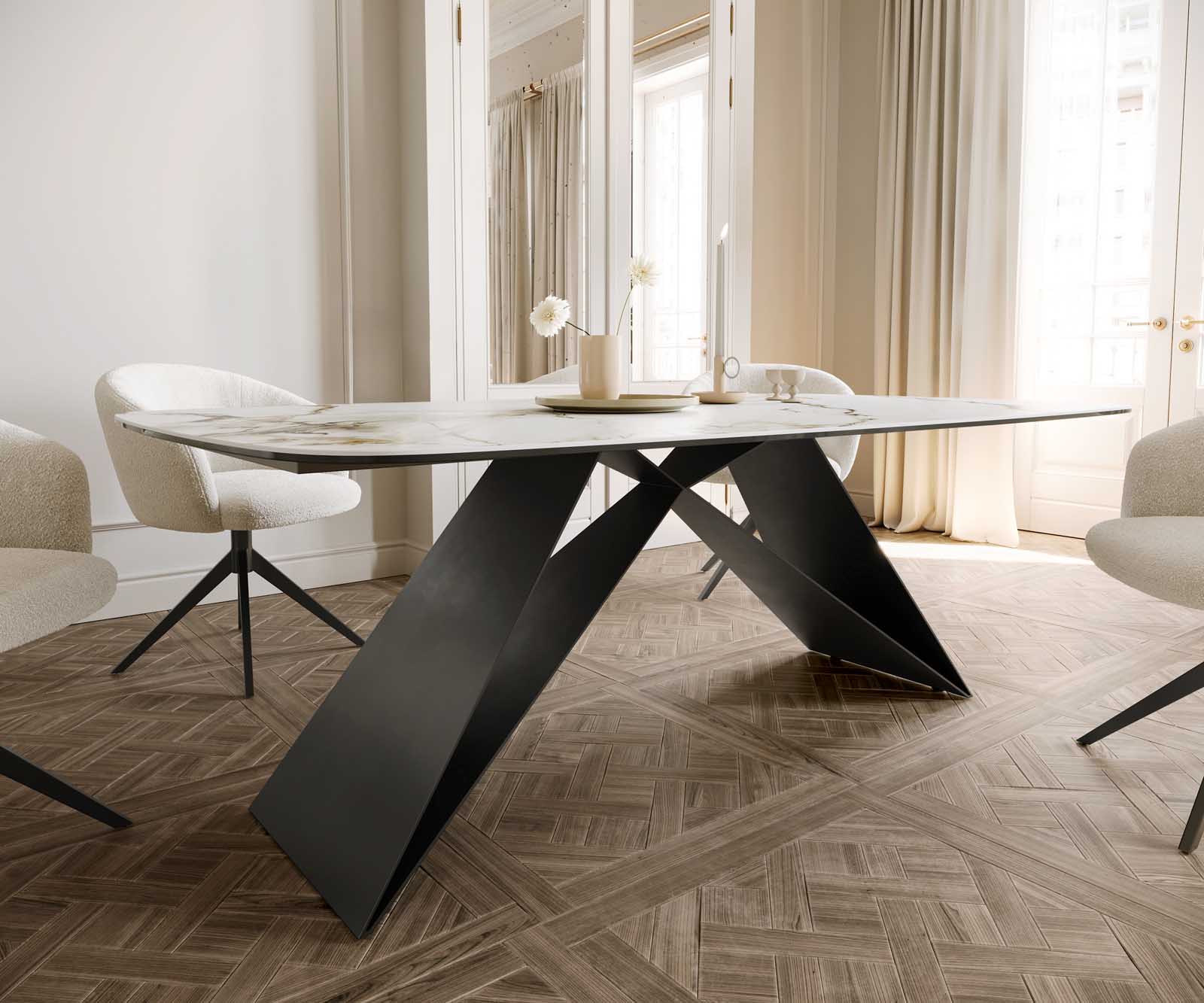 Étkezőasztal Edge hajóformájú 200x100 cm kerámia Calacatta Luxe fehér arany szürke V alakú láb laposacél fekete - Image 6