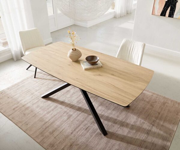 Étkezőasztal Edge hajóformájú 200x100 cm Laminam® Sabbia kerámia tölgyszínű kereszt láb fekete - Image 5