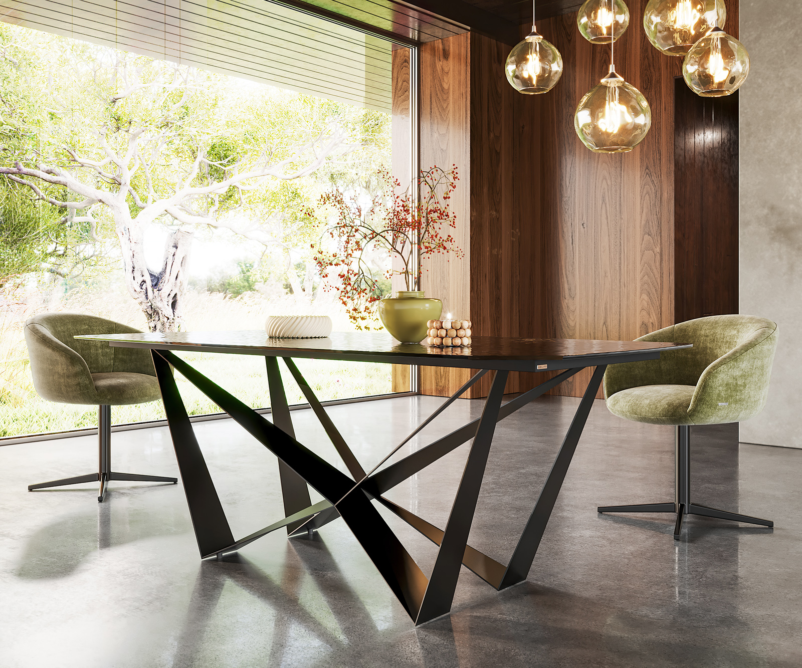 Étkezőasztal Edge hajóformájú 200x100 domborított üveg füstfekete 3D design Spider laposacél fekete - Image 5