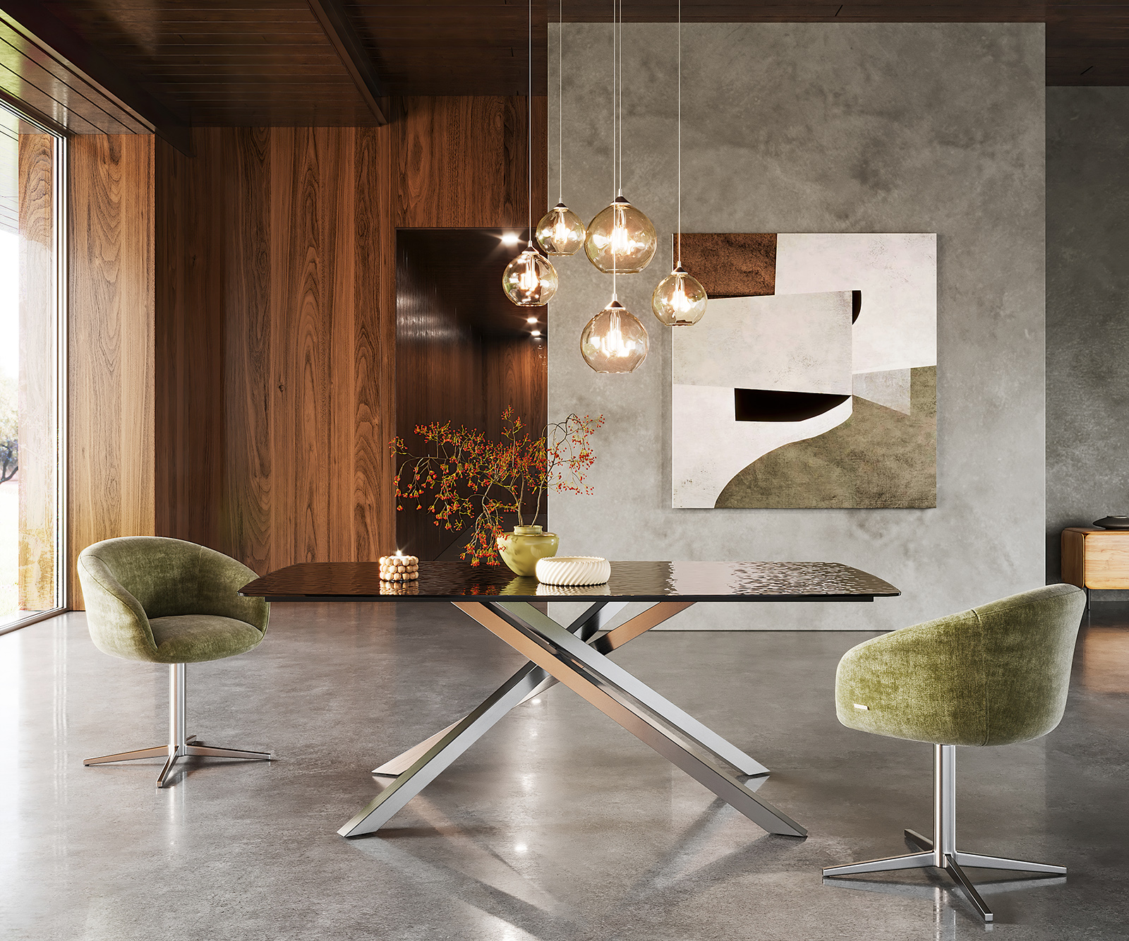 Étkezőasztal Edge hajóformájú 200x100 domborított üveg füstfekete 3D design kereszt láb rozsdamentes acél - Image 2