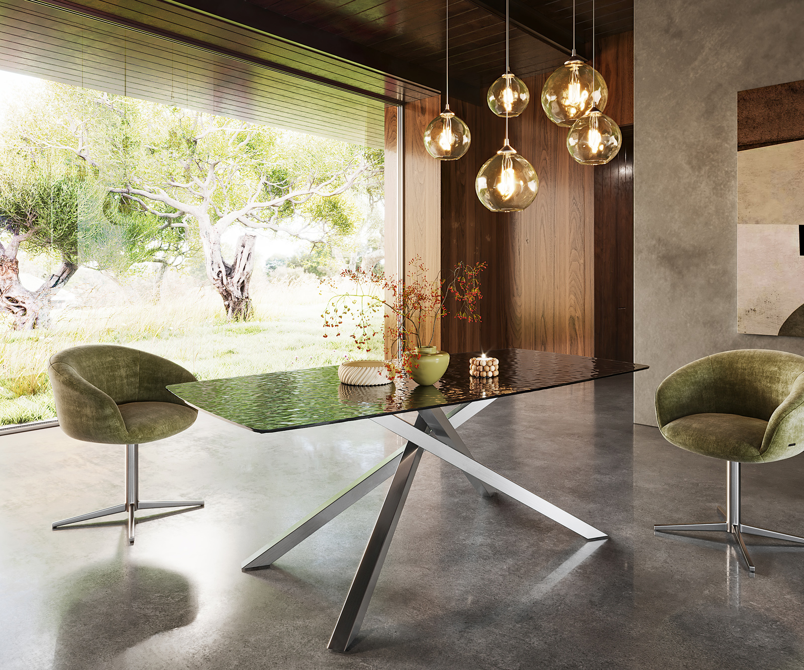 Étkezőasztal Edge hajóformájú 200x100 domborított üveg füstfekete 3D design kereszt láb rozsdamentes acél - Image 4