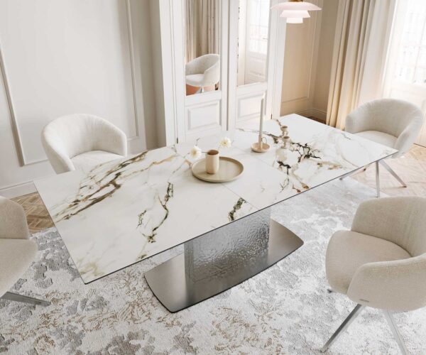 Étkezőasztal Edge 180-220x100 cm kerámia Calacatta Luxe fehér arany szürke Wave rozsdamentes acél kihúzható - Image 6