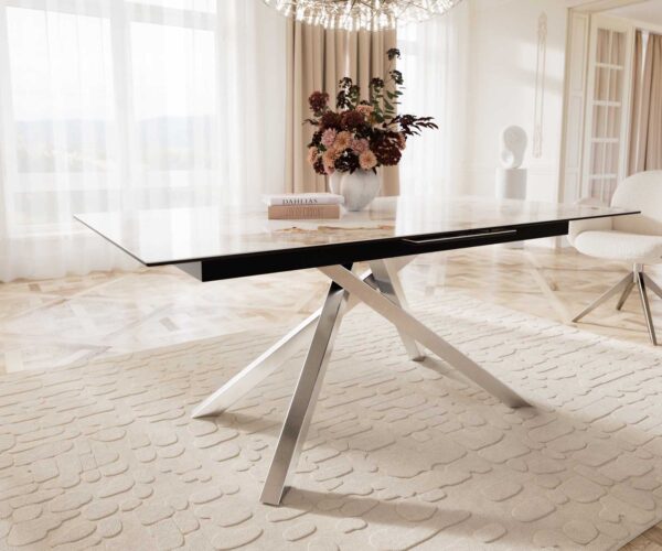 Étkezőasztal Edge 180-220x100 cm kerámia Minas melange fehér-bézs kereszt láb téglalap alakú rozsdamentes acél kihúzható - Image 6