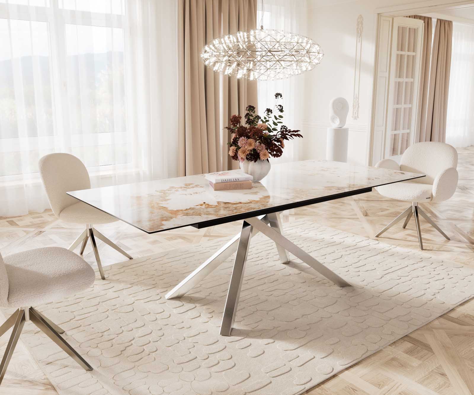 Étkezőasztal Edge 180-220x100 cm kerámia Minas melange fehér-bézs kereszt láb téglalap alakú rozsdamentes acél kihúzható