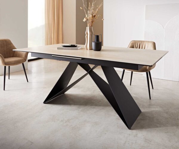 Étkezőasztal Edge 180-220x100 kerámia travertin természetes V alakú láb laposacél fekete kihúzható - Image 6