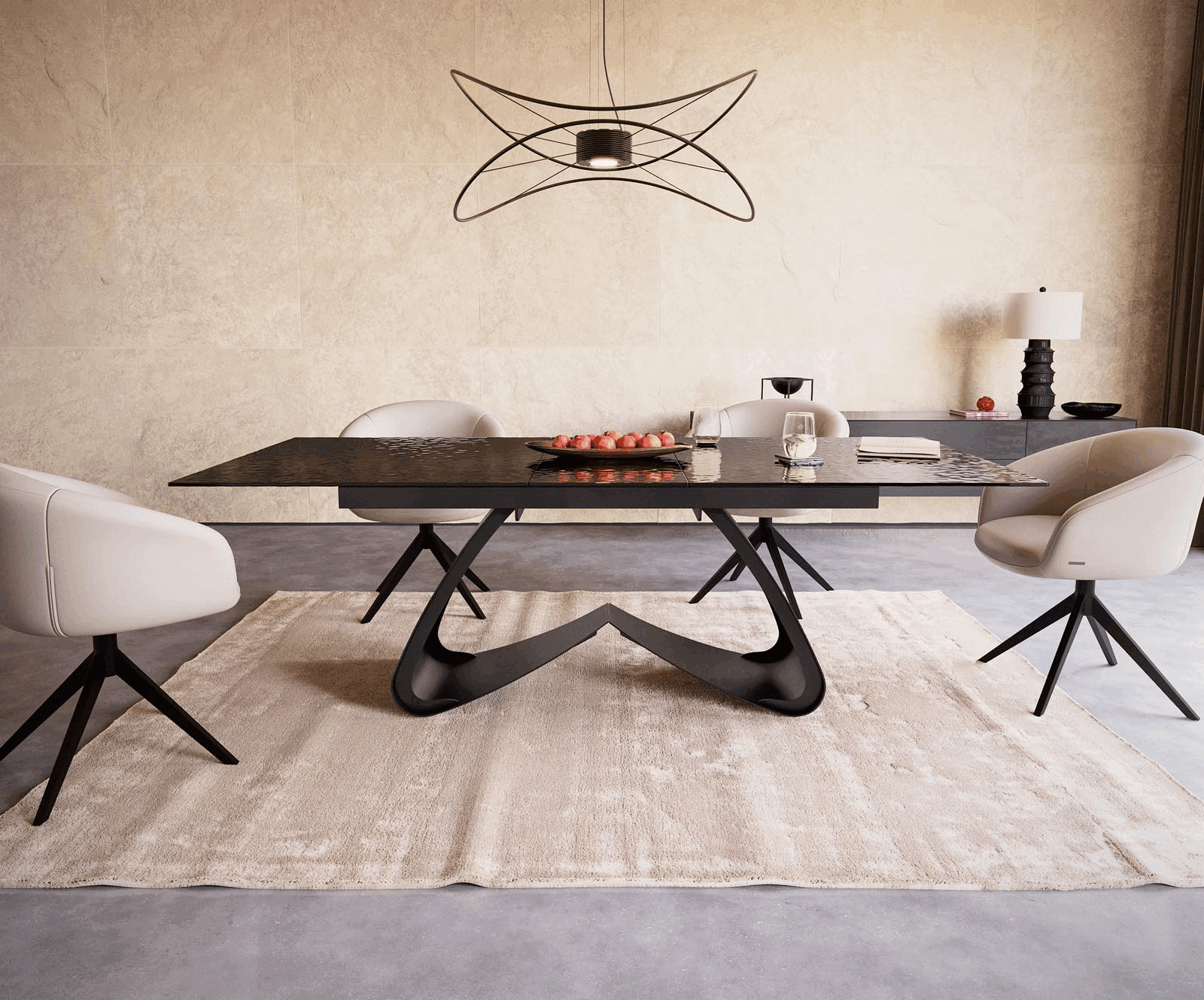 Étkezőasztal Edge 180-220x100 domborított üveg füstfekete 3D design W alakú láb fekete kihúzható - Image 2