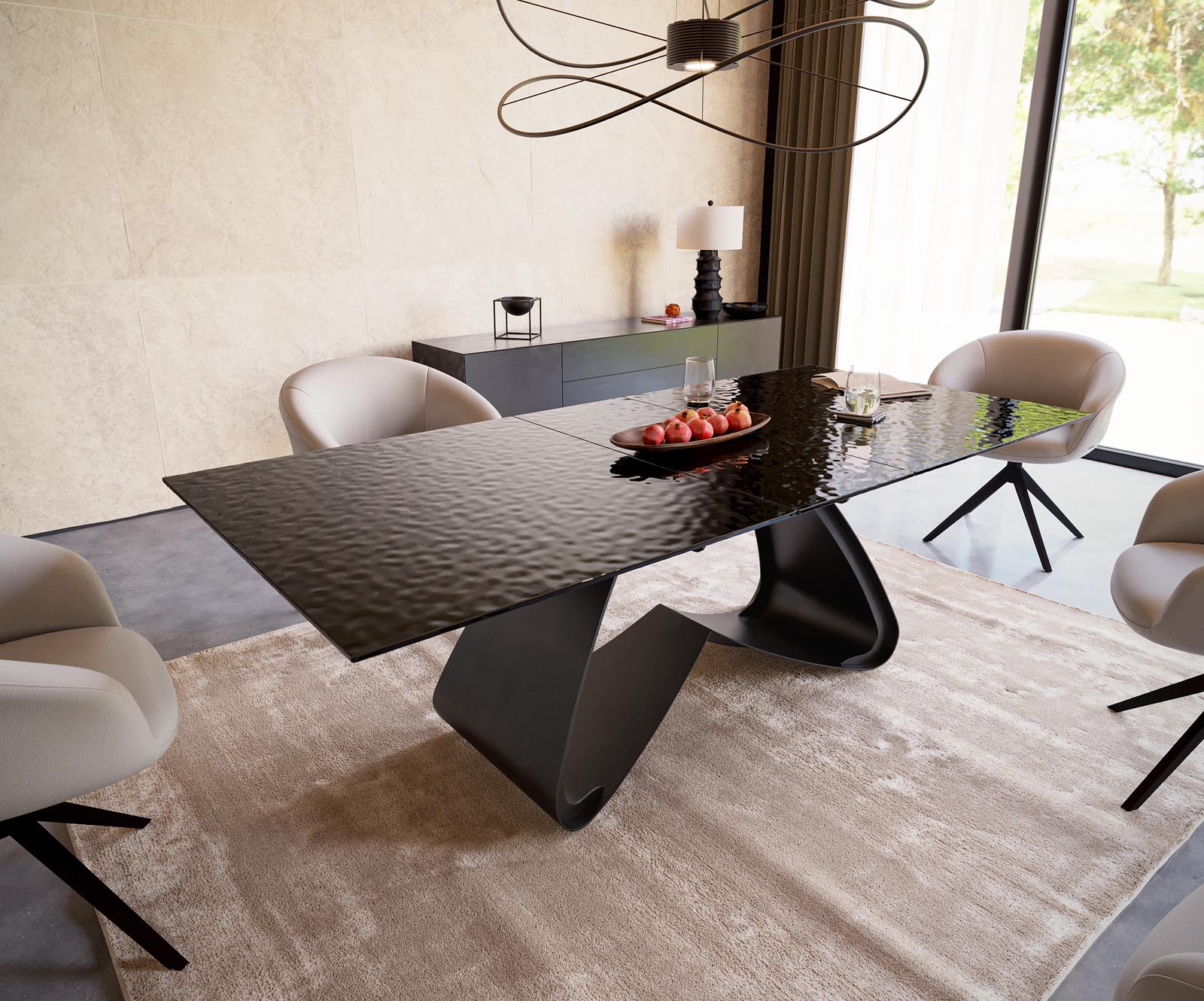 Étkezőasztal Edge 180-220x100 domborított üveg füstfekete 3D design W alakú láb fekete kihúzható