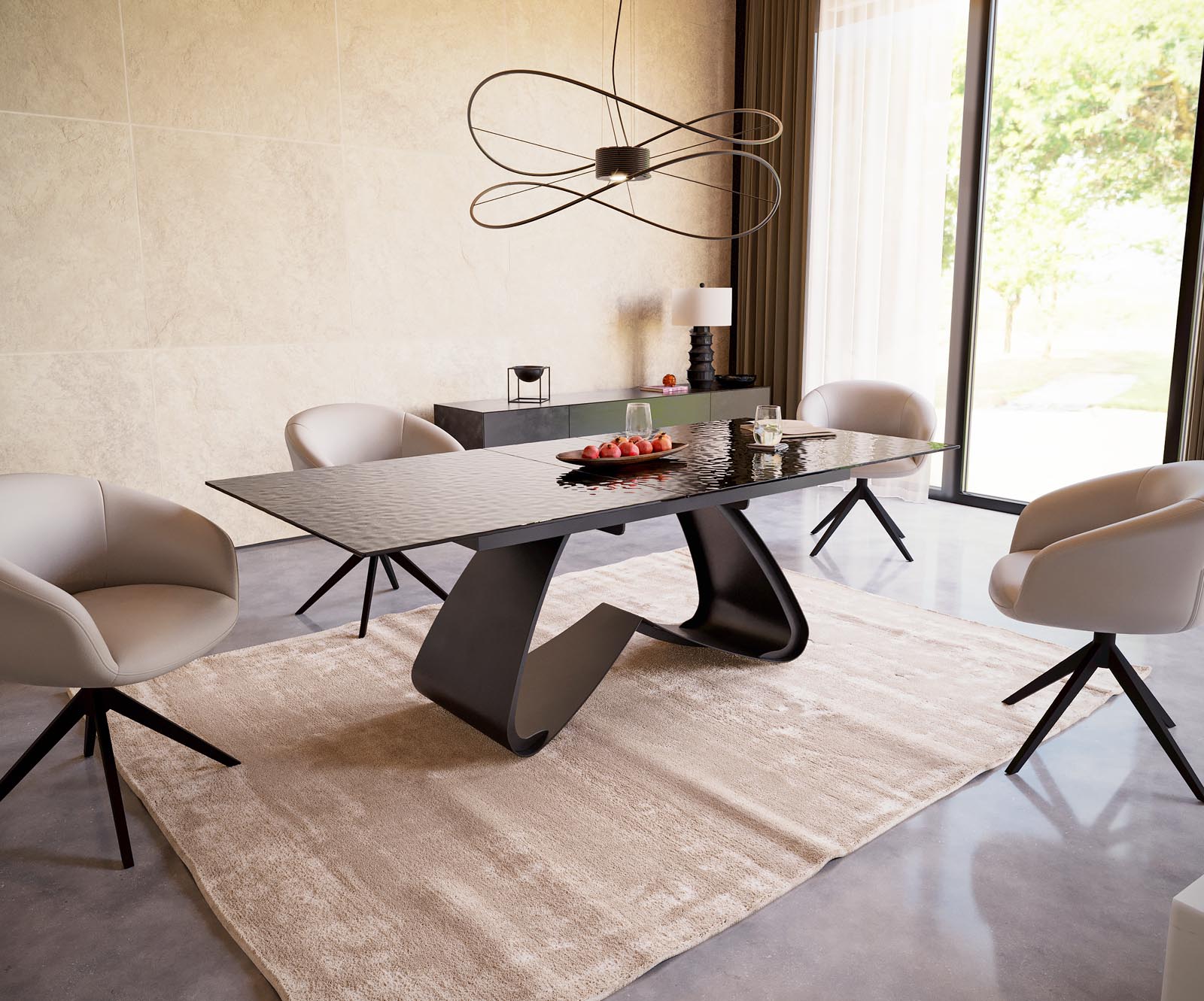 Étkezőasztal Edge 180-220x100 domborított üveg füstfekete 3D design W alakú láb fekete kihúzható - Image 6