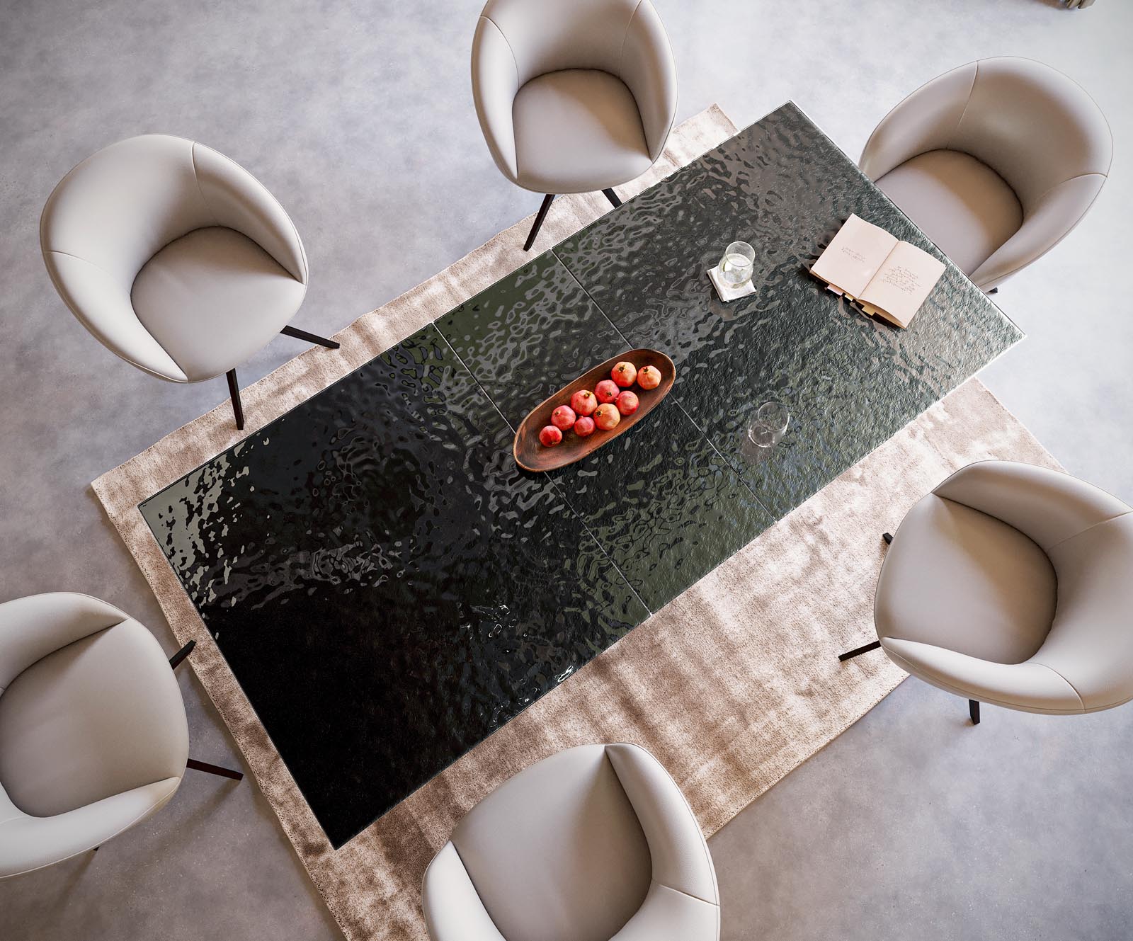 Étkezőasztal Edge 180-220x100 domborított üveg füstfekete 3D design W alakú láb fekete kihúzható - Image 4