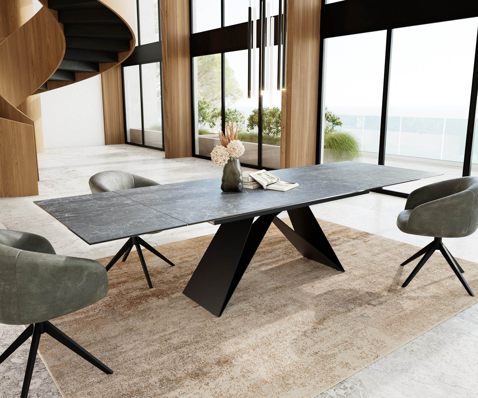 Étkezőasztal Edge 200-300x100 kerámia Laminam®Nero Greco antracit V alakú láb laposacél fekete kihúzható - Image 5