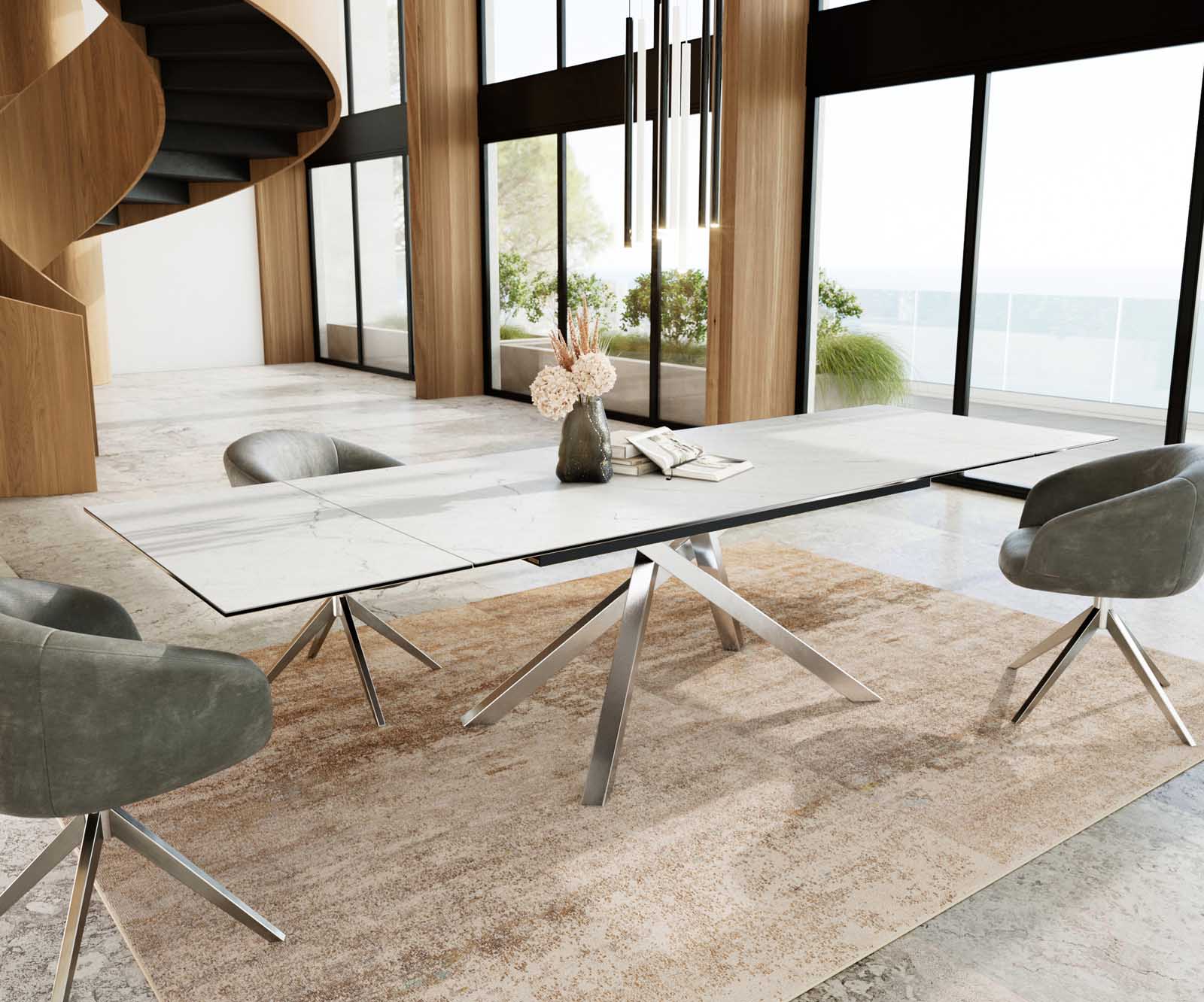 Étkezőasztal Edge 200-300x100 kerámia Laminam® Statuarietto fehér kereszt láb téglalap rozsdamentes acél kihúzható - Image 8