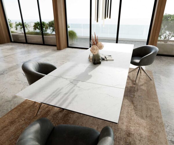 Étkezőasztal Edge 200-300x100 kerámia Laminam® Statuarietto fehér kereszt láb téglalap rozsdamentes acél kihúzható - Image 7