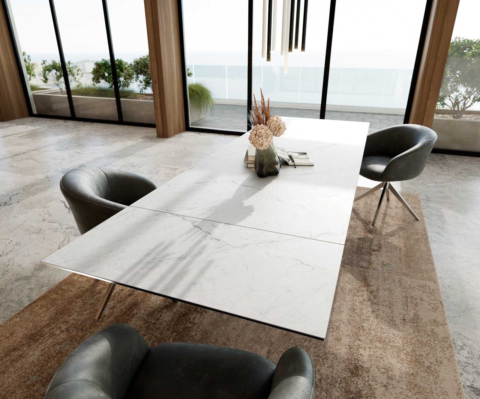 Étkezőasztal Edge 200-300x100 kerámia Laminam® Statuarietto fehér kereszt láb téglalap rozsdamentes acél kihúzható - Image 7