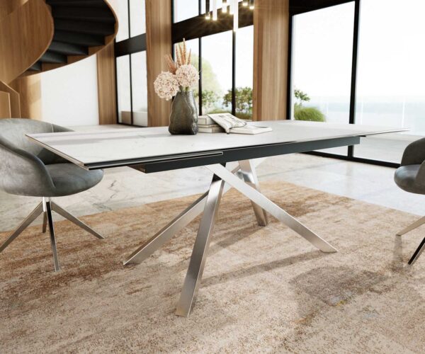 Étkezőasztal Edge 200-300x100 kerámia Laminam® Statuarietto fehér kereszt láb téglalap rozsdamentes acél kihúzható - Image 6