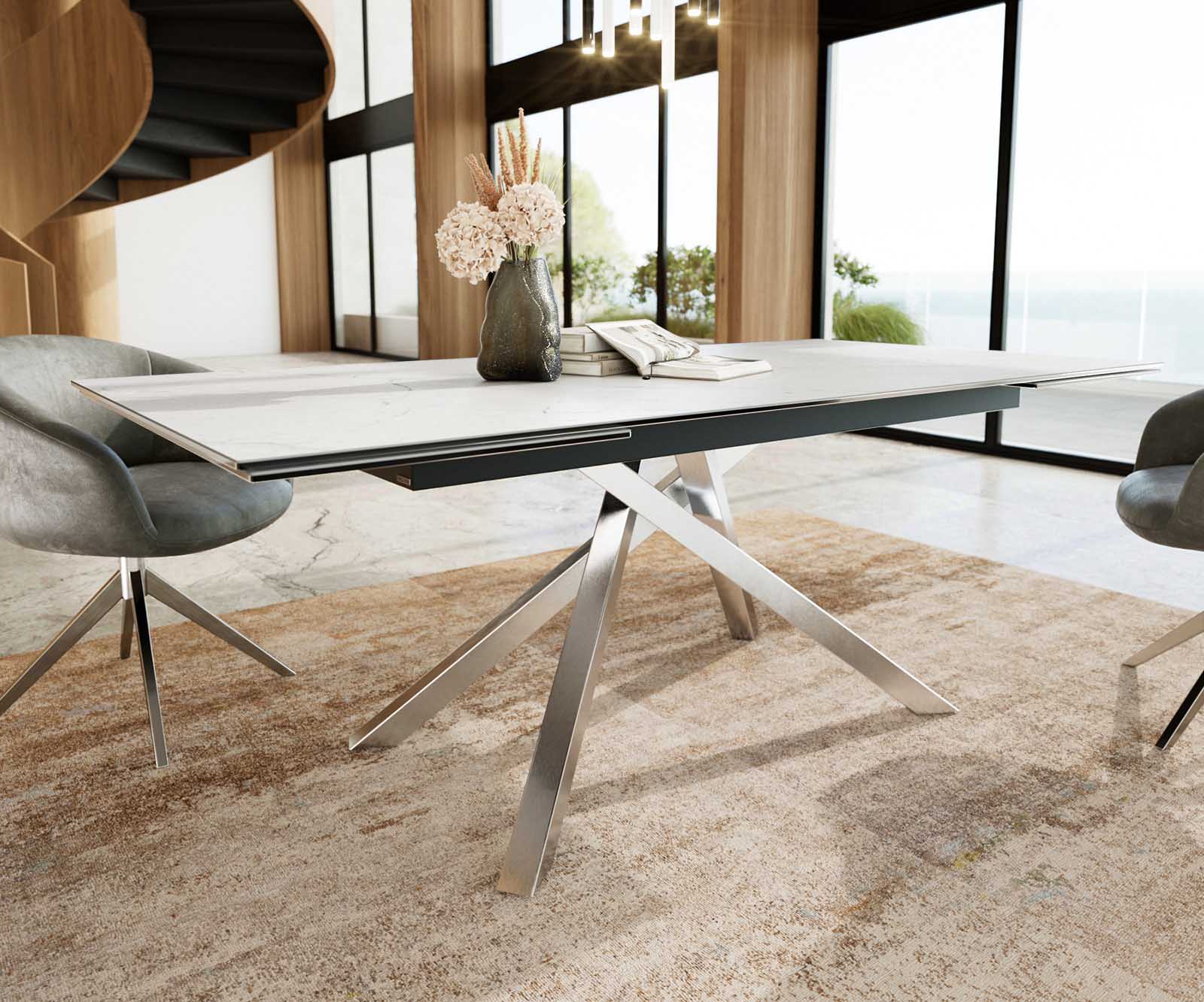 Étkezőasztal Edge 200-300x100 kerámia Laminam® Statuarietto fehér kereszt láb téglalap rozsdamentes acél kihúzható - Image 6