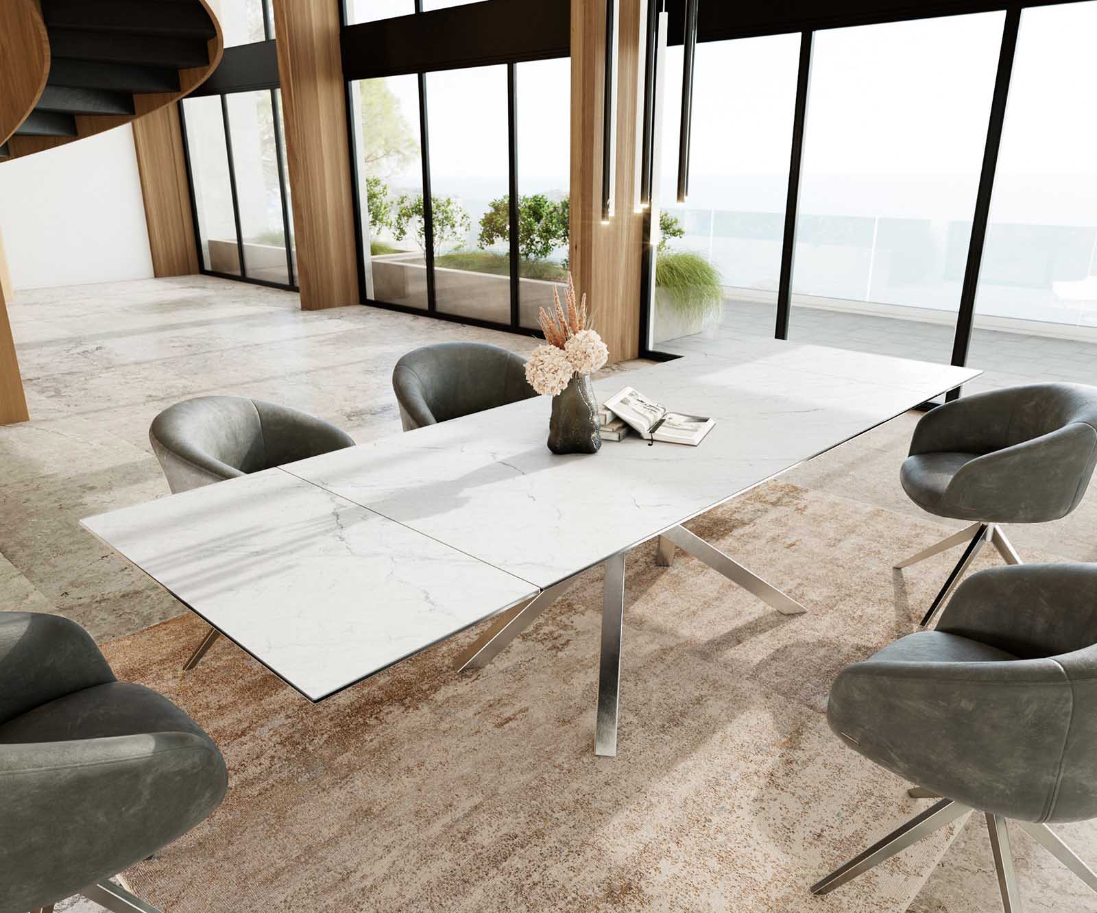 Étkezőasztal Edge 200-300x100 kerámia Laminam® Statuarietto fehér kereszt láb téglalap rozsdamentes acél kihúzható