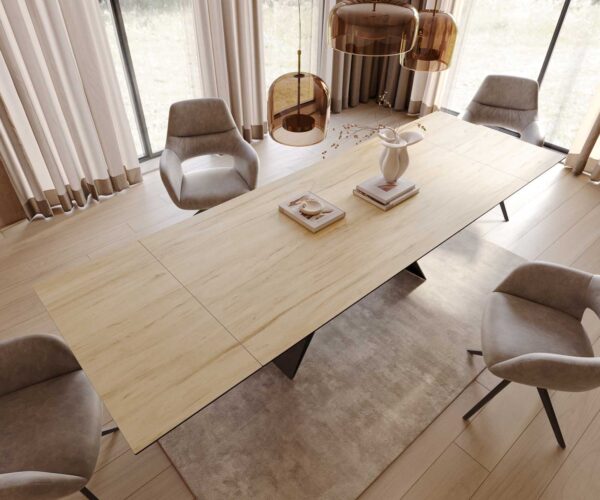 Étkezőasztal Edge 200-300x100 kerámia Laminam® sabbia tölgyszínű V alakú láb laposacél fekete kihúzható - Image 6
