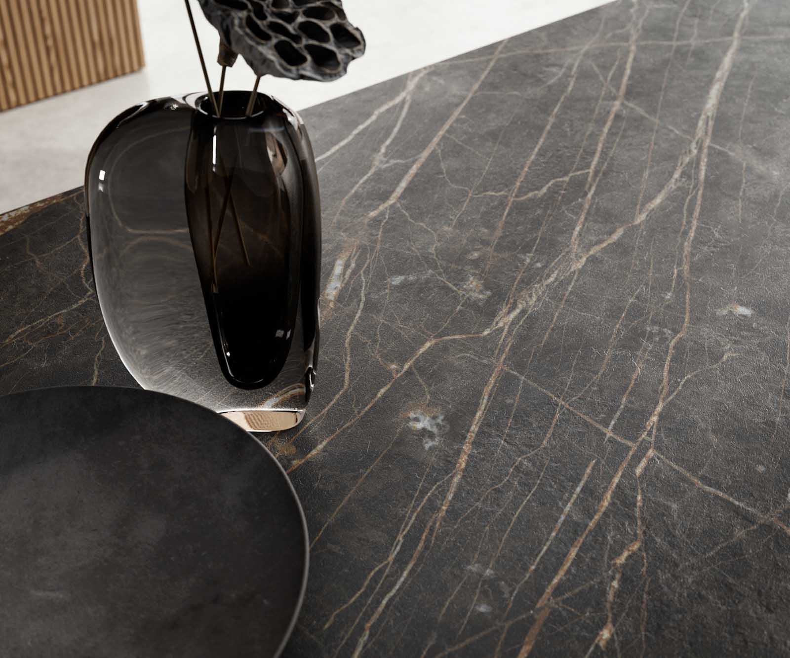 Étkezőasztal Edge 200-300x100 kerámia Laminam®Noir Desir barna W alakú láb fekete kihúzható - Image 8