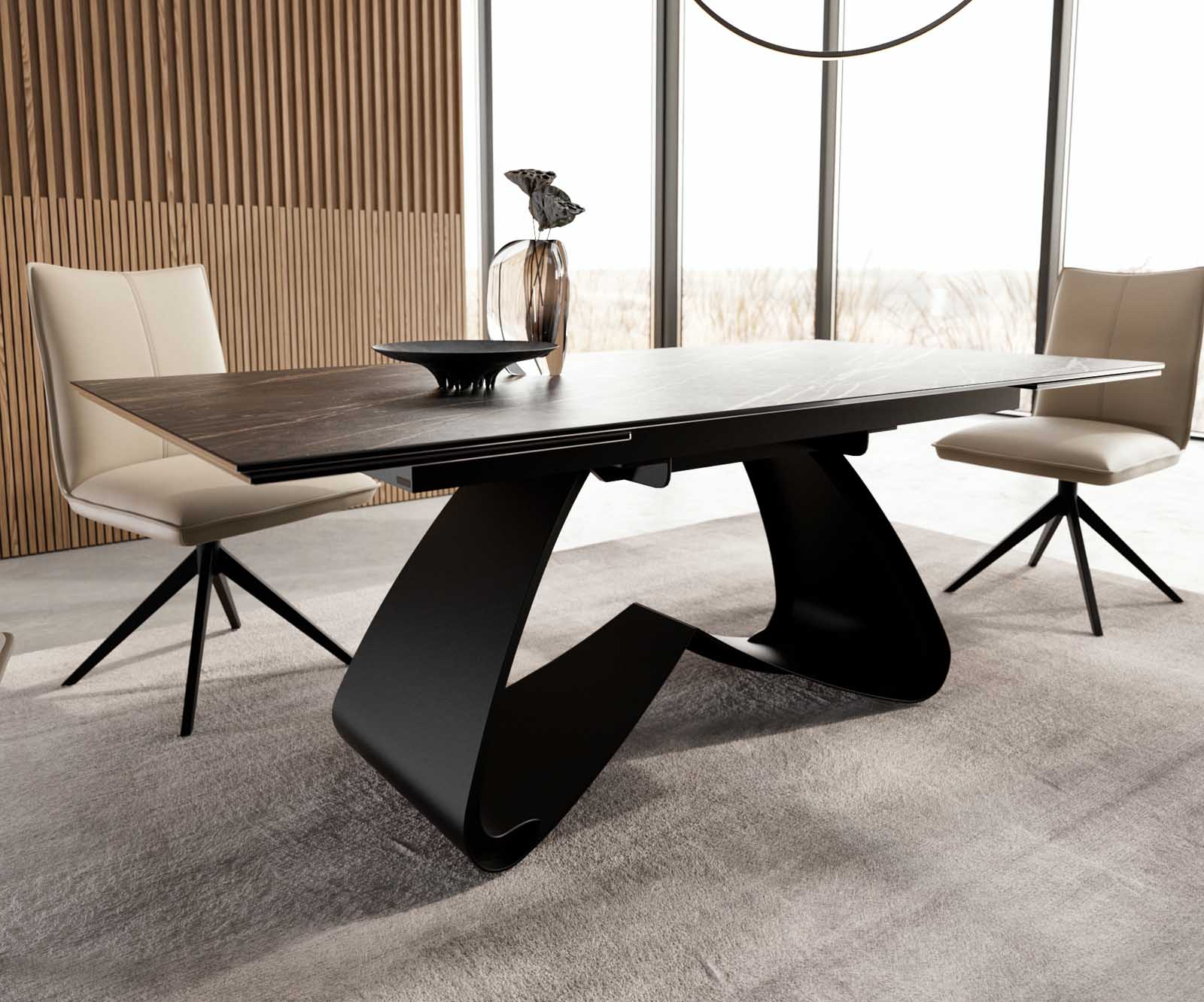 Étkezőasztal Edge 200-300x100 kerámia Laminam®Noir Desir barna W alakú láb fekete kihúzható - Image 6