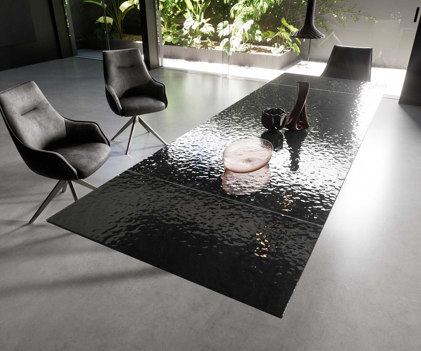 Étkezőasztal Edge 200-300x100 domborított üveg füstfekete 3D design kereszt láb téglalap rozsdamentes acél kihúzható - Image 6