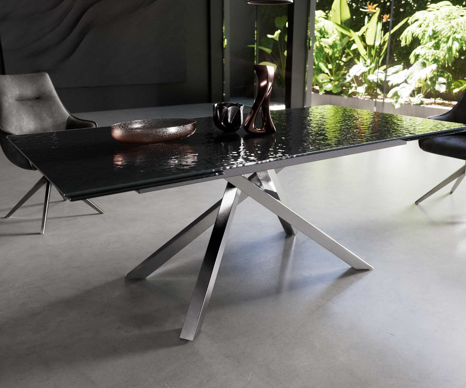 Étkezőasztal Edge 200-300x100 domborított üveg füstfekete 3D design kereszt láb téglalap rozsdamentes acél kihúzható - Image 5