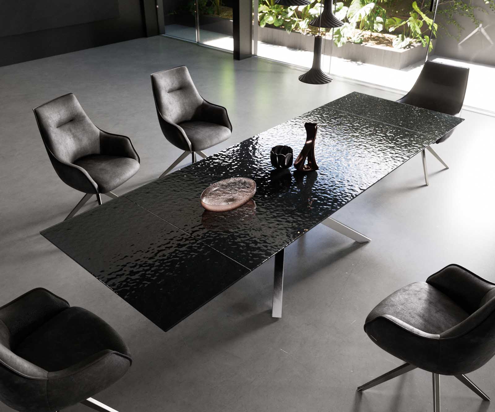 Étkezőasztal Edge 200-300x100 domborított üveg füstfekete 3D design kereszt láb téglalap rozsdamentes acél kihúzható - Image 4