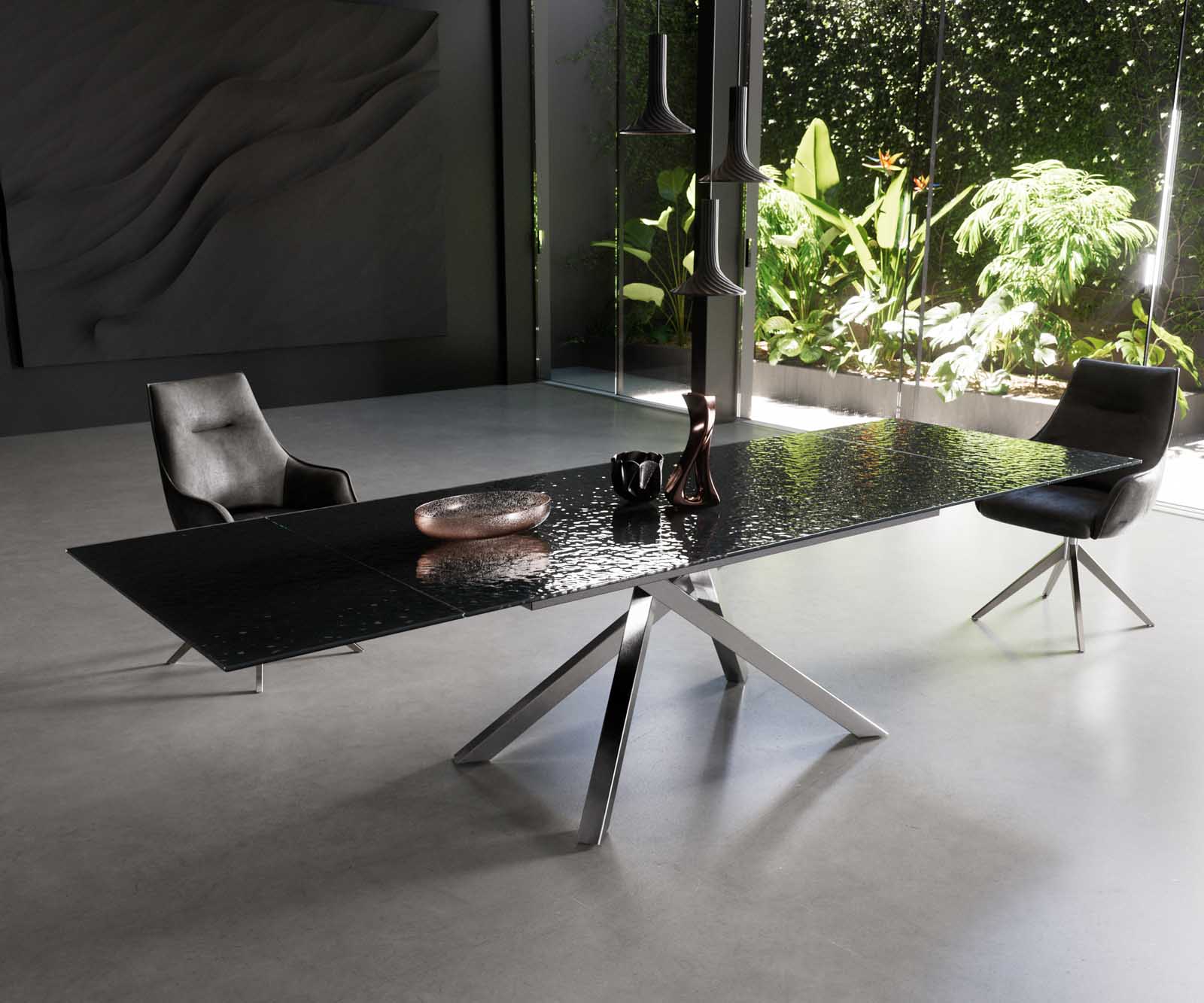 Étkezőasztal Edge 200-300x100 domborított üveg füstfekete 3D design kereszt láb téglalap rozsdamentes acél kihúzható