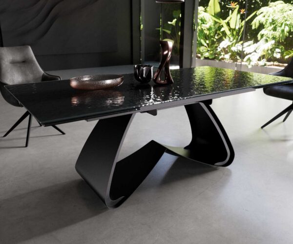 Étkezőasztal Edge 200-300x100 domborított üveg füstfekete 3D design W alakú láb fekete kihúzható - Image 5