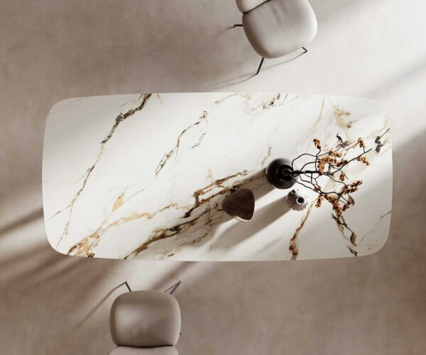 Étkezőasztal Edge hajóformájú 240x120 cm kerámia Calacatta Luxe fehér arany szürke Spider laposacél fekete - Image 7