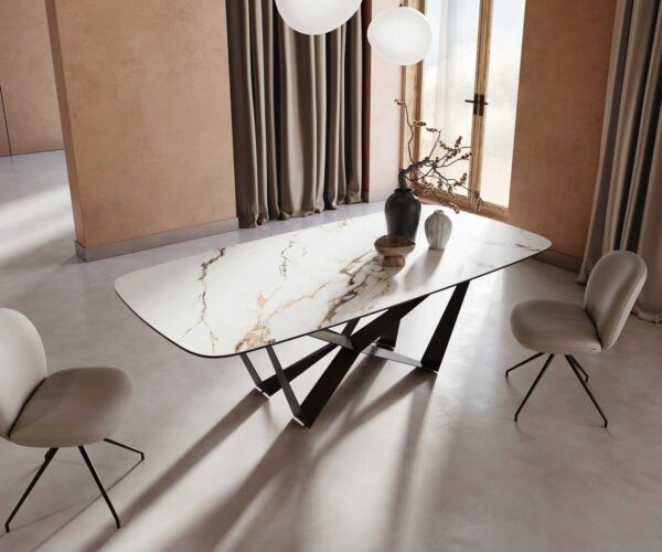 Étkezőasztal Edge hajóformájú 240x120 cm kerámia Calacatta Luxe fehér arany szürke Spider laposacél fekete - Image 5