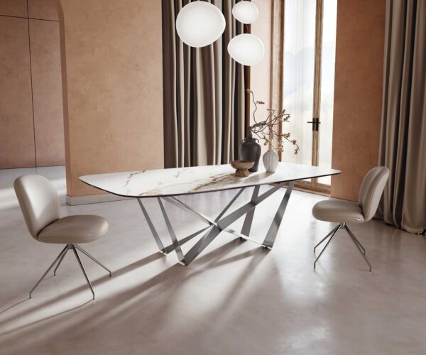 Étkezőasztal Edge hajóformájú 240x120 cm Calacatta Luxe kerámia fehér arany szürke Spider laposacél rozsdamentes acél - Image 2