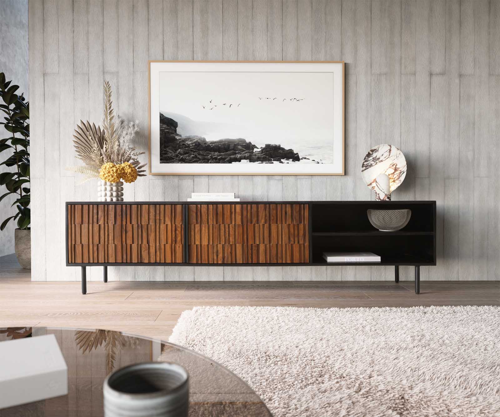 TV stolek Kallam 200 cm sheesham ořech mango černá kov černá 2 dvířka 2 přihrádky - Image 2