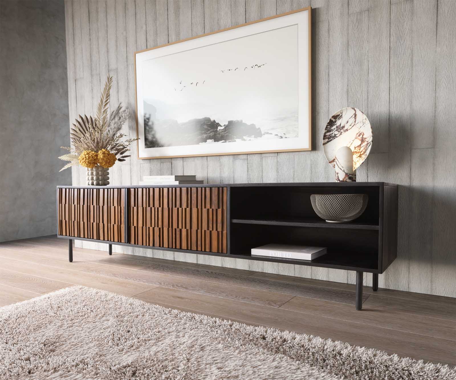 TV stolek Kallam 200 cm sheesham ořech mango černá kov černá 2 dvířka 2 přihrádky