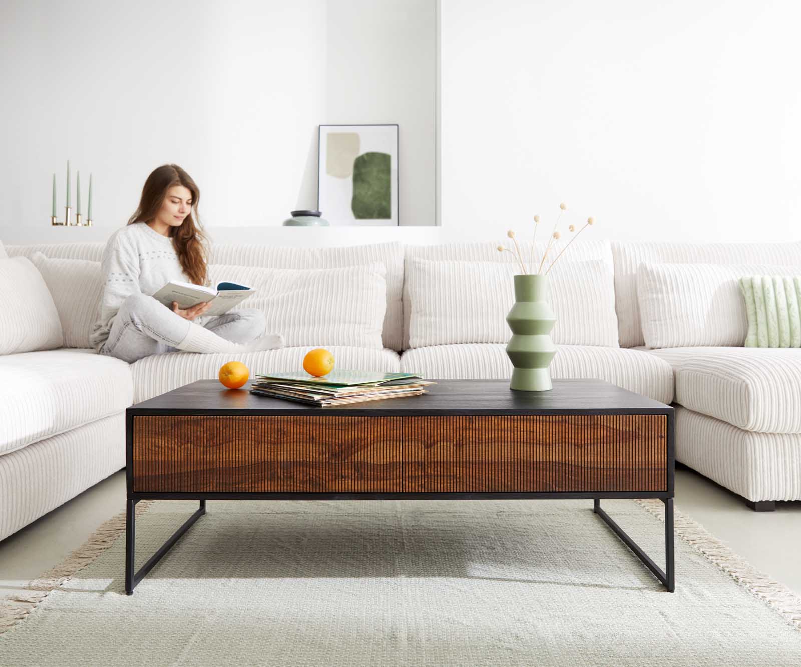 Dohányzóasztal Vaag 120 cm sheesham természetes mango fekete 4 fiókos - Image 2