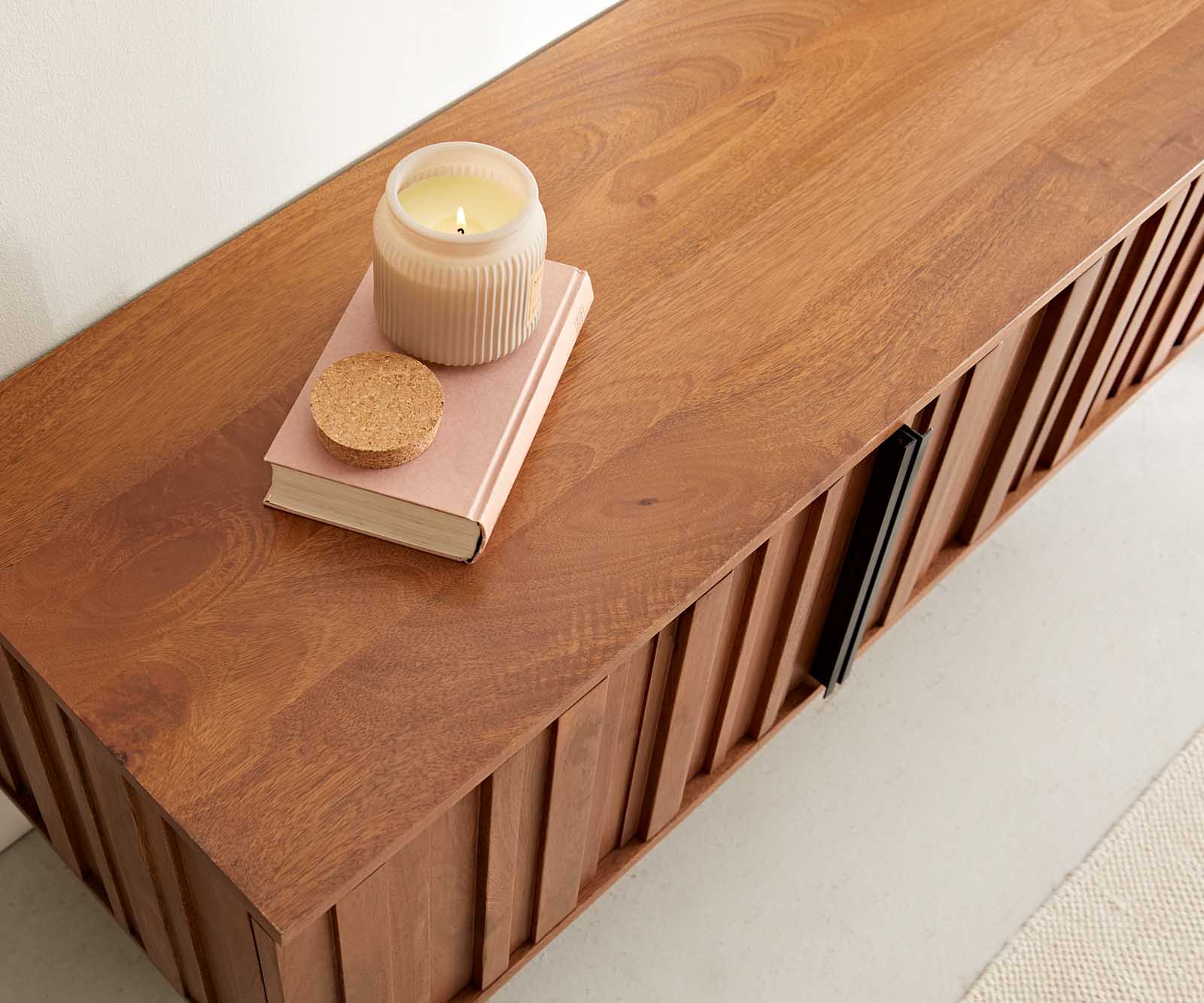 TV szekrény Sivela 200 cm mango barna fém fekete 4 ajtós - Image 5