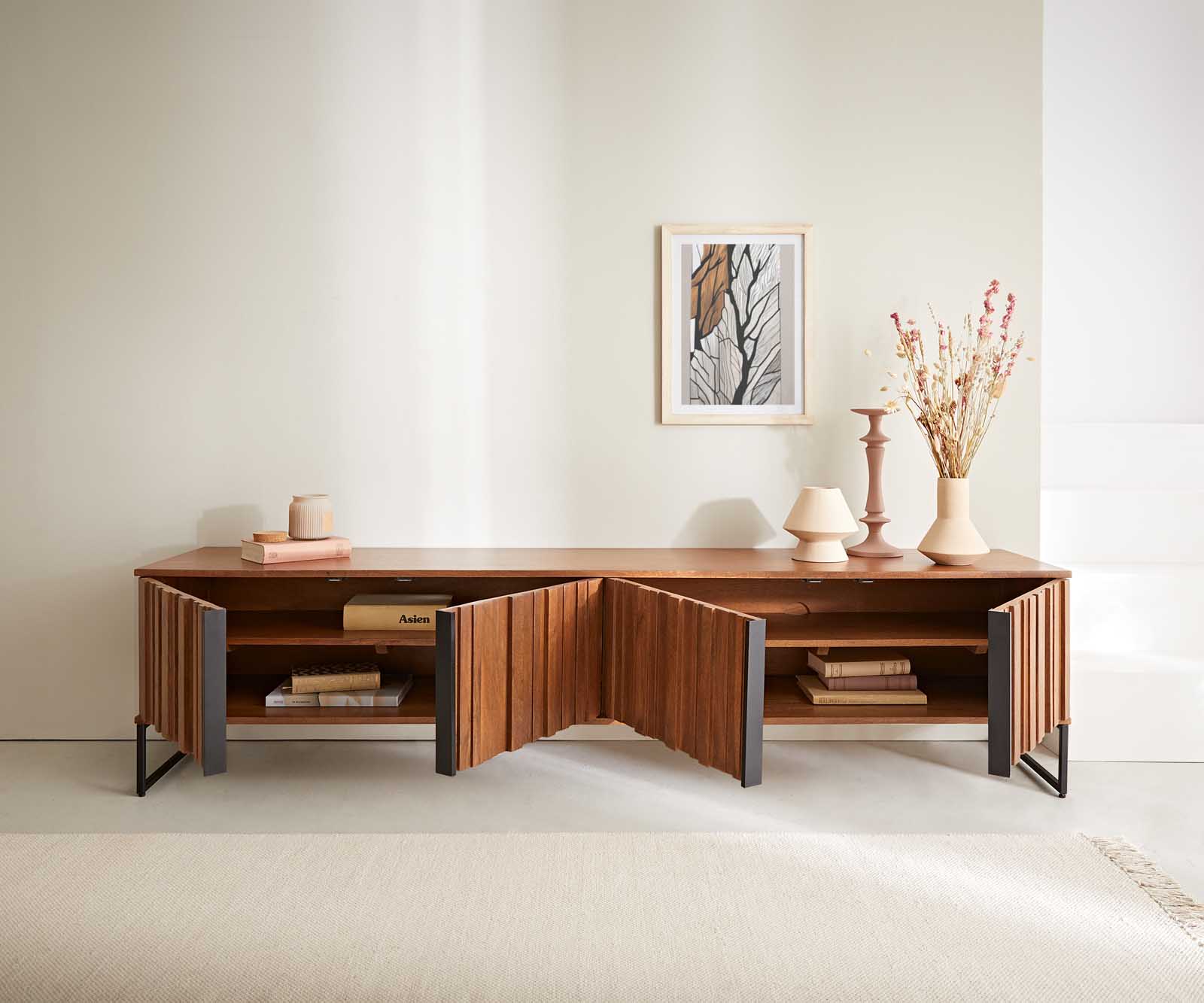 TV szekrény Sivela 200 cm mango barna fém fekete 4 ajtós - Image 4