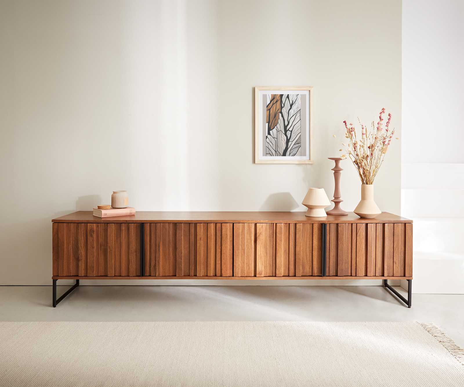 TV szekrény Sivela 200 cm mango barna fém fekete 4 ajtós - Image 2