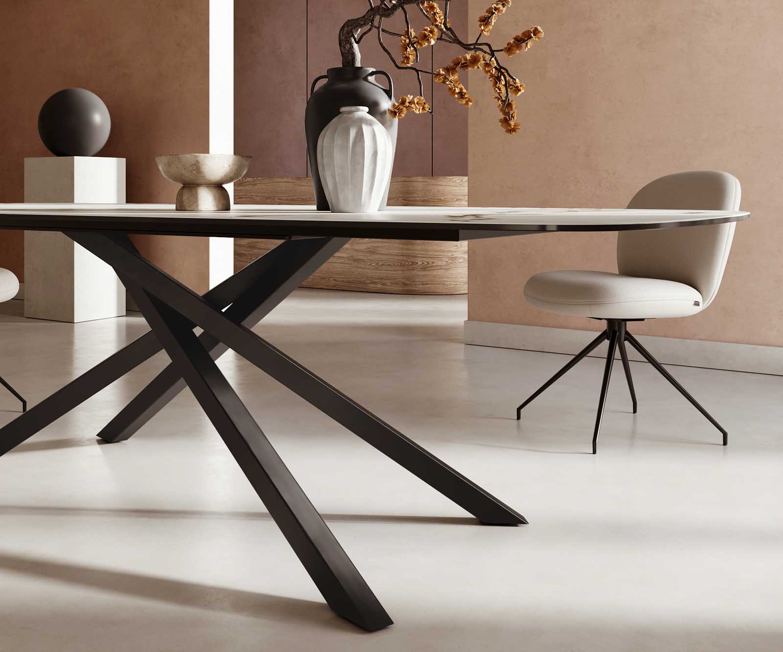 Étkezőasztal Edge hajóformájú 240x120 cm kerámia Calacatta Luxe fehér arany szürke kereszt láb téglalap fekete - Image 6