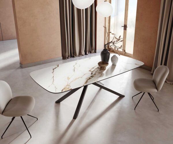 Étkezőasztal Edge hajóformájú 240x120 cm kerámia Calacatta Luxe fehér arany szürke kereszt láb téglalap fekete - Image 5